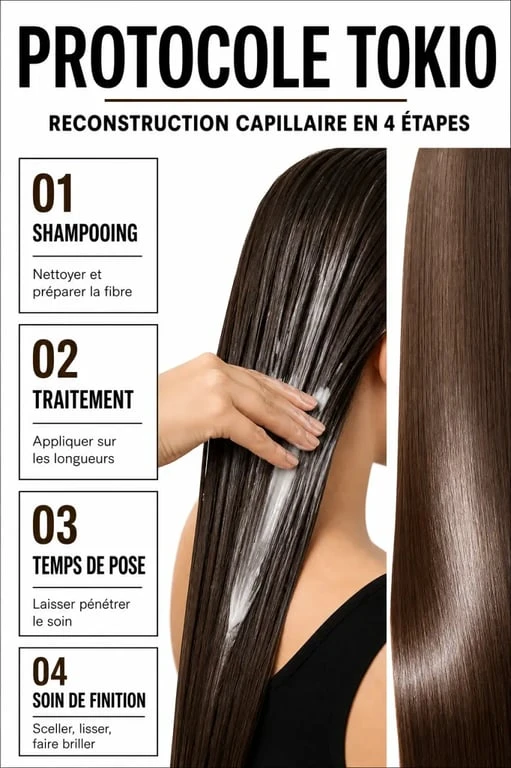 Protocole Tokio cheveux en salon et à la maison en quatre étapes