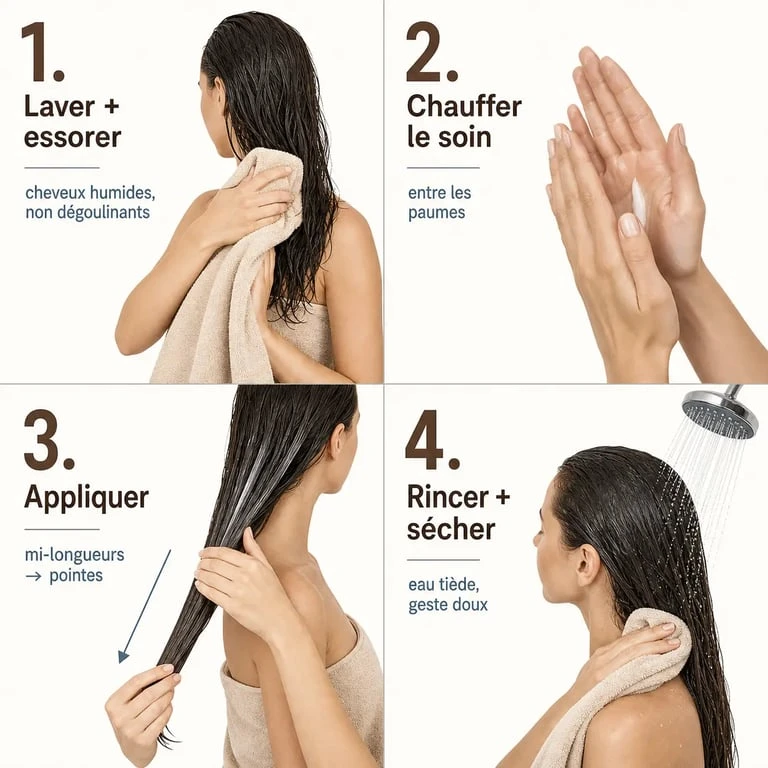 Comment appliquer le collagène sur les cheveux : schéma des étapes sur cheveux propres, application sur les longueurs, temps de pose puis rinçage