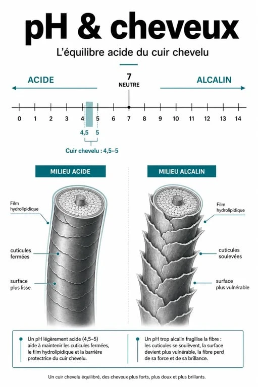 Infographie ph neutre shampoing sur l’échelle du pH et la cuticule du cheveu