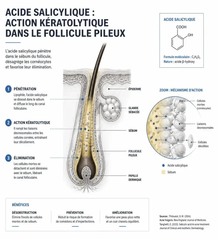 Schéma explicatif de l'action de l'acide salicylique dans un shampoing sur le cuir chevelu pour traiter les pellicules et l'excès de sébum