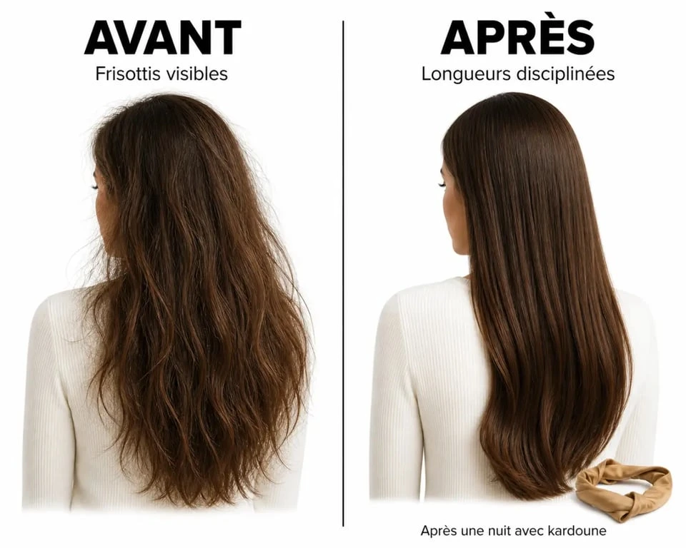 Résultat avant/après kardoune cheveux avec longueurs plus disciplinées et moins de frisottis