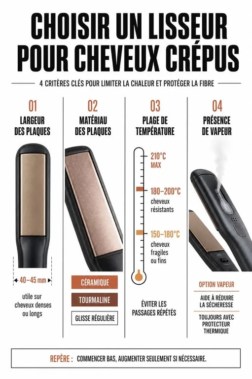 Infographie sur le meilleur lisseur pour cheveux crépus avec critères de choix et températures recommandées