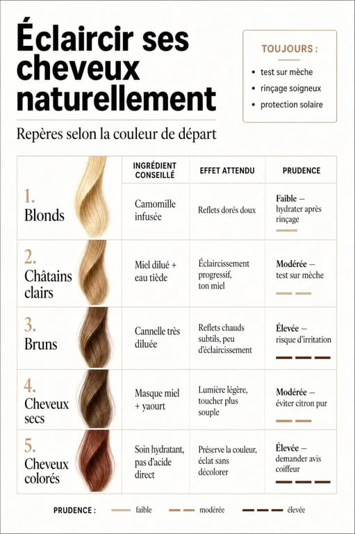 Infographie pour éclaircir cheveux naturellement selon la couleur de départ
