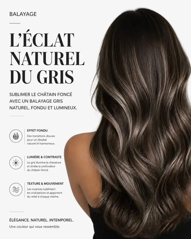 Résultat d'un balayage gris sur cheveux châtain foncé