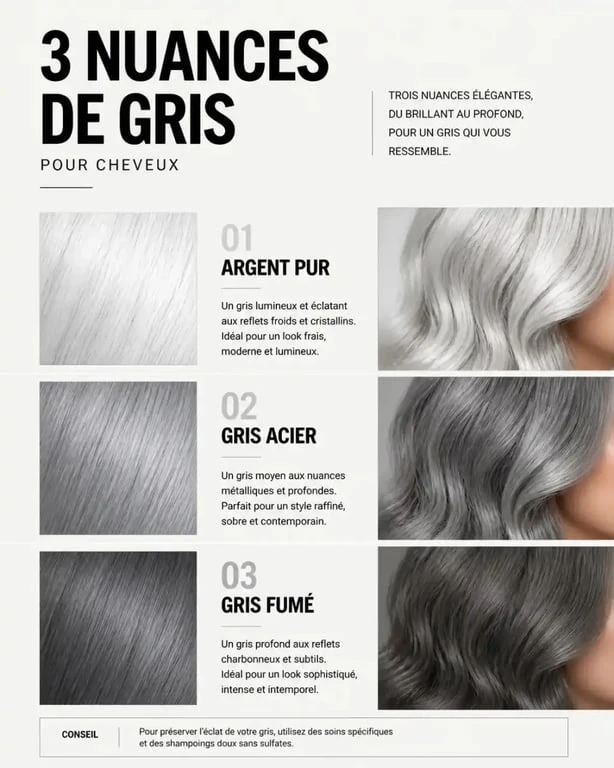 Nuances de balayage gris sur cheveux châtain foncé : argent, acier et fumé