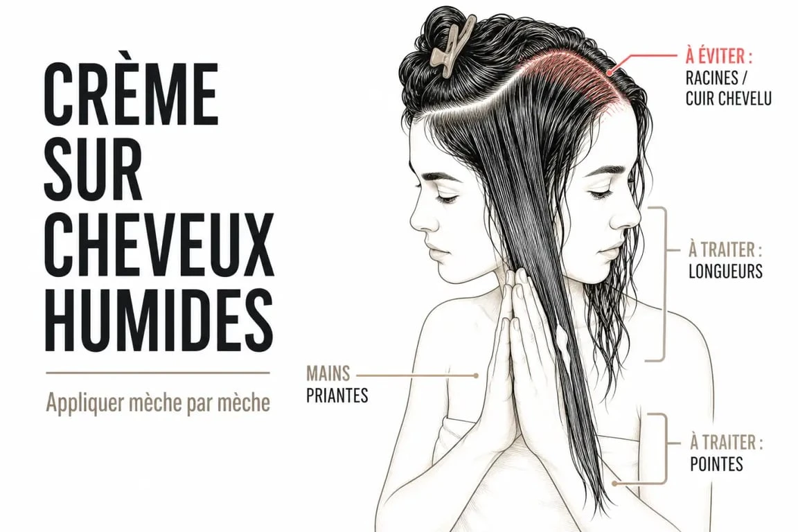 Crème hydratante sur les cheveux appliquée sur les longueurs humides avec la méthode des mains priantes