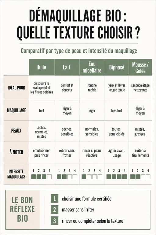 Comparatif des textures de démaquillage bio selon le type de peau et le maquillage
