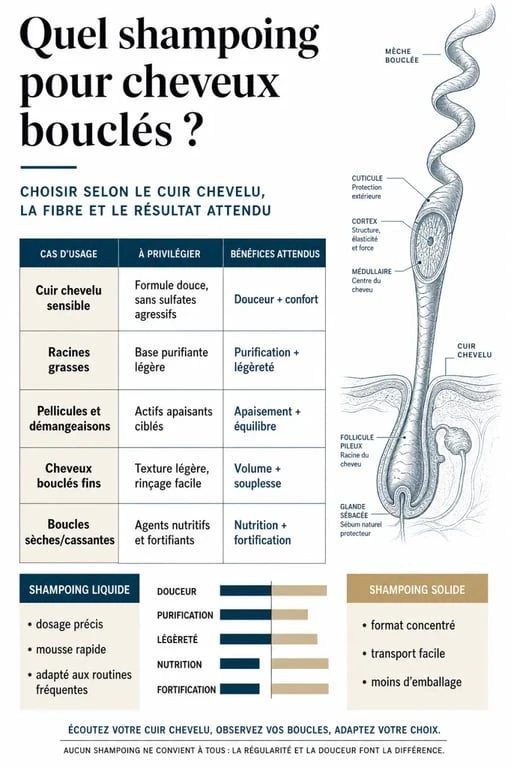 Infographie sur le meilleur shampoing pour cheveux bouclés selon le cuir chevelu, le type de boucle et le format liquide ou solide