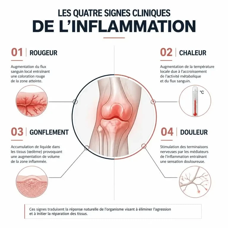 Schéma explicatif des signes cliniques de l'inflammation