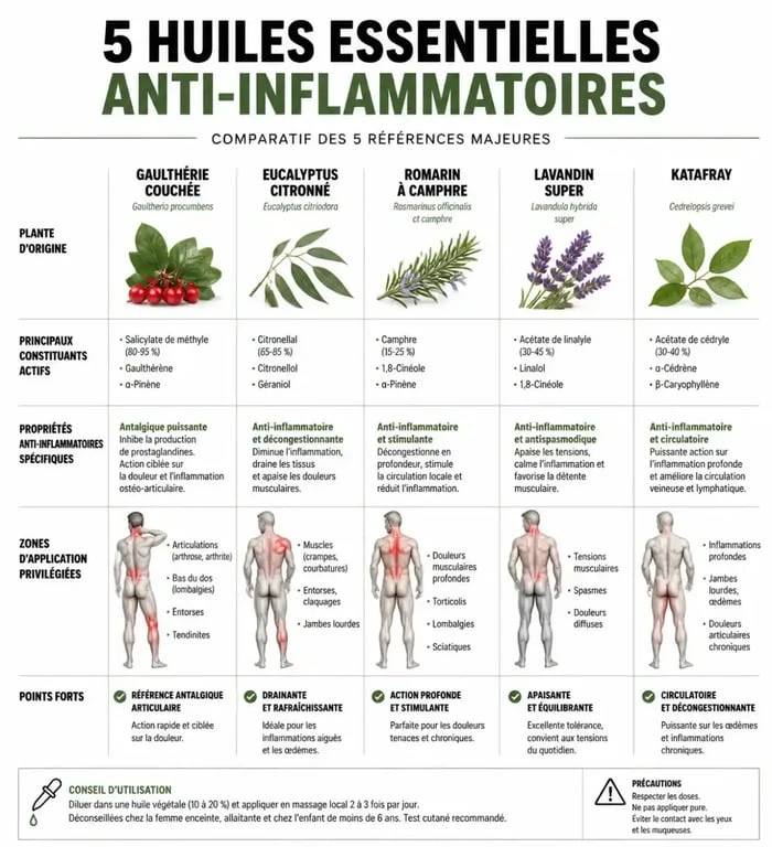 Infographie des huiles essentielles anti-inflammatoires et leurs bienfaits