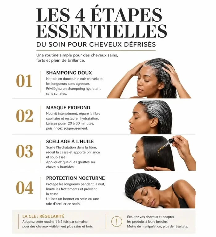 Infographie des 4 étapes de soin pour cheveux défrisés