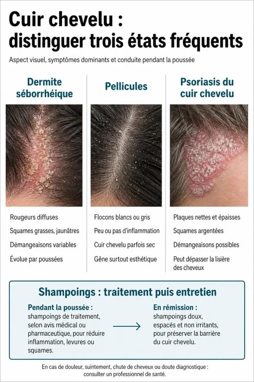 Infographie dermite séborrhéique shampoing : différences entre dermite séborrhéique, pellicules et psoriasis du cuir chevelu