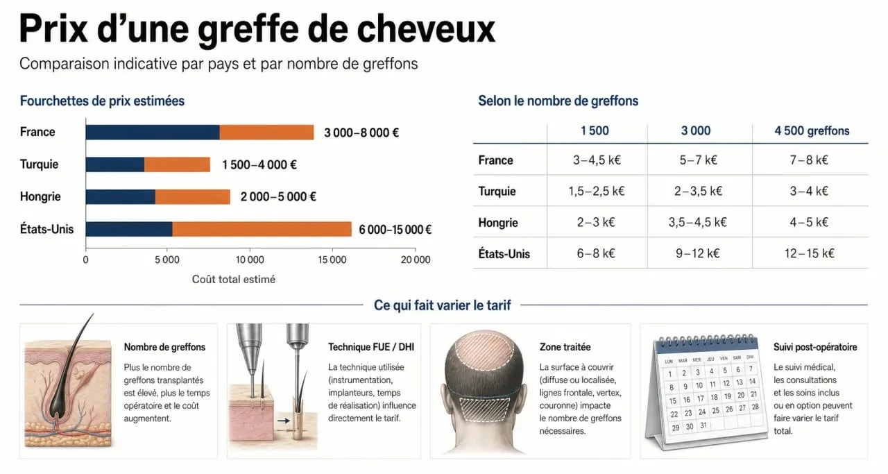 Prix greffe de cheveux : infographie des fourchettes de prix et des facteurs de variation