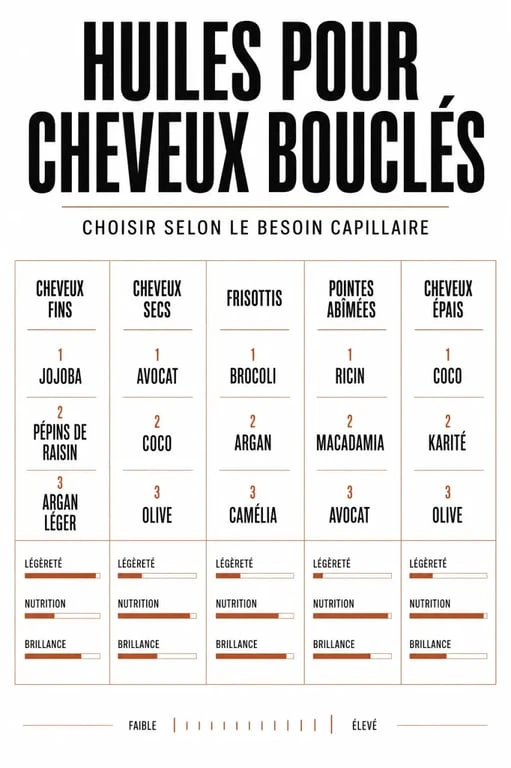 Huile pour cheveux bouclés : visuel comparatif des huiles selon le type de boucles et le besoin capillaire