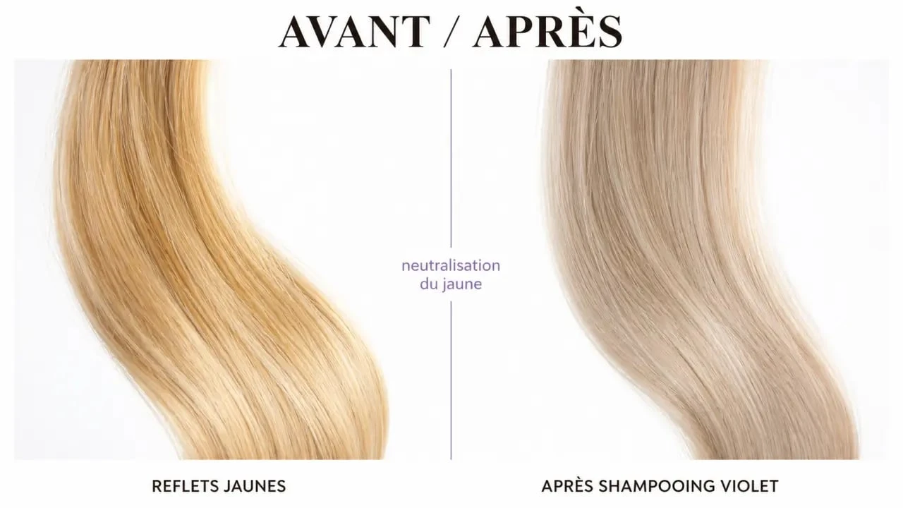 Shampooing violet avant après sur cheveux blonds avec reflets jaunes