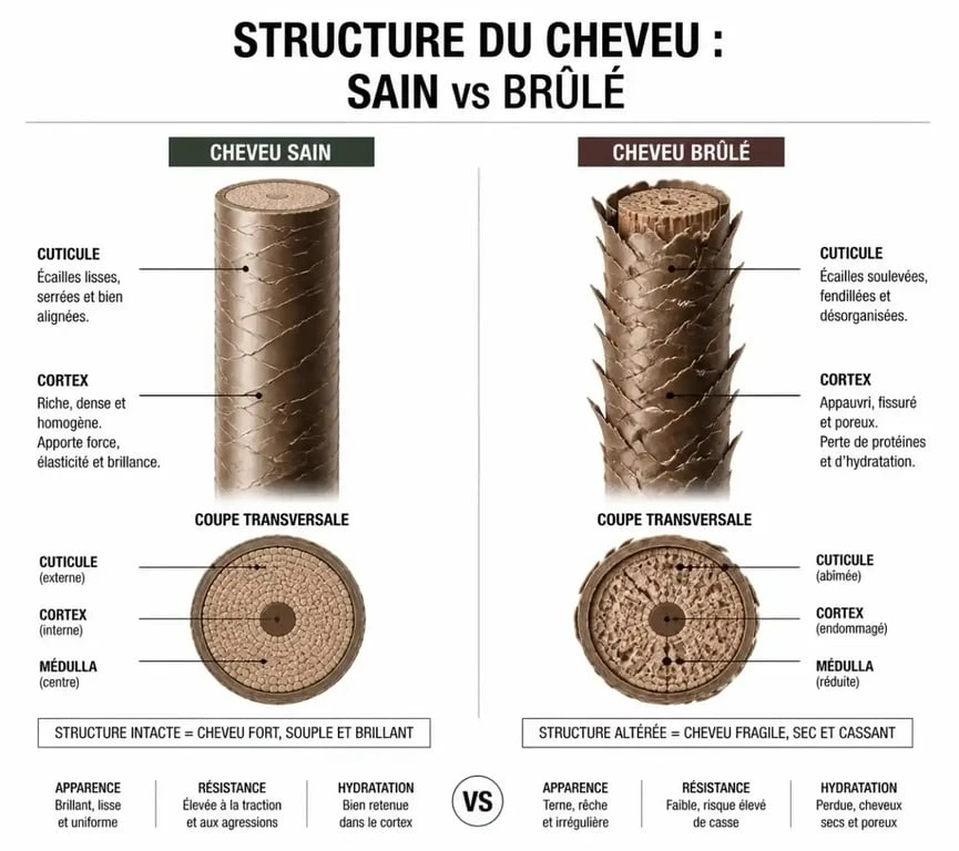 Schéma comparatif de la structure d'un cheveu sain et d'un cheveu brûlé pour comprendre les dommages capillaires.