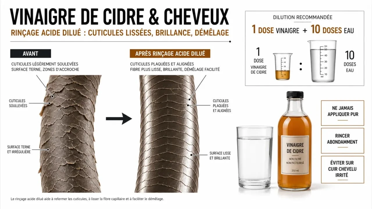 Vinaigre de cidre et cheveux : infographie sur la dilution, le pH, la brillance et les précautions d’utilisation