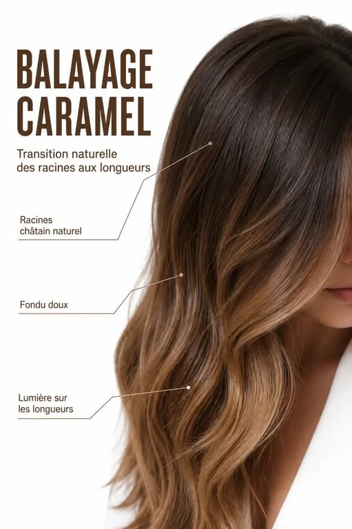 chatain couleur cheveux : balayage caramel et relief lumineux sur cheveux châtain