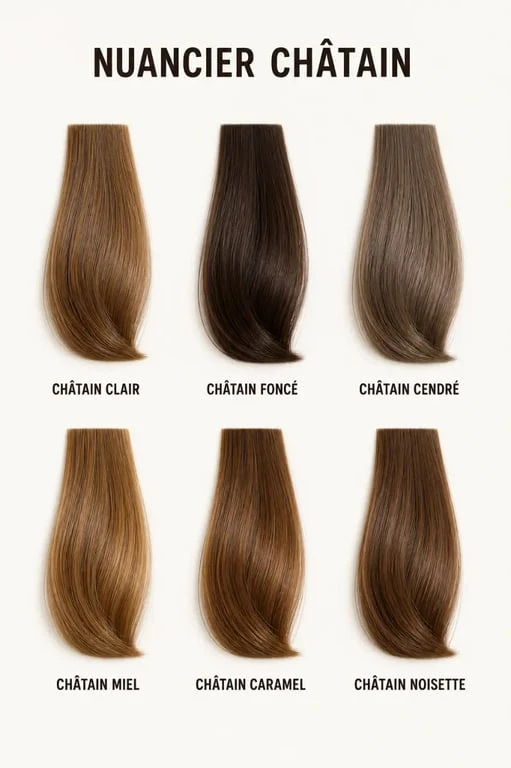 chatain couleur cheveux : galerie comparative des nuances châtain clair, foncé, cendré, miel, caramel et noisette