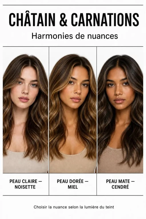 chatain couleur cheveux : rendu des nuances châtain selon différentes carnations