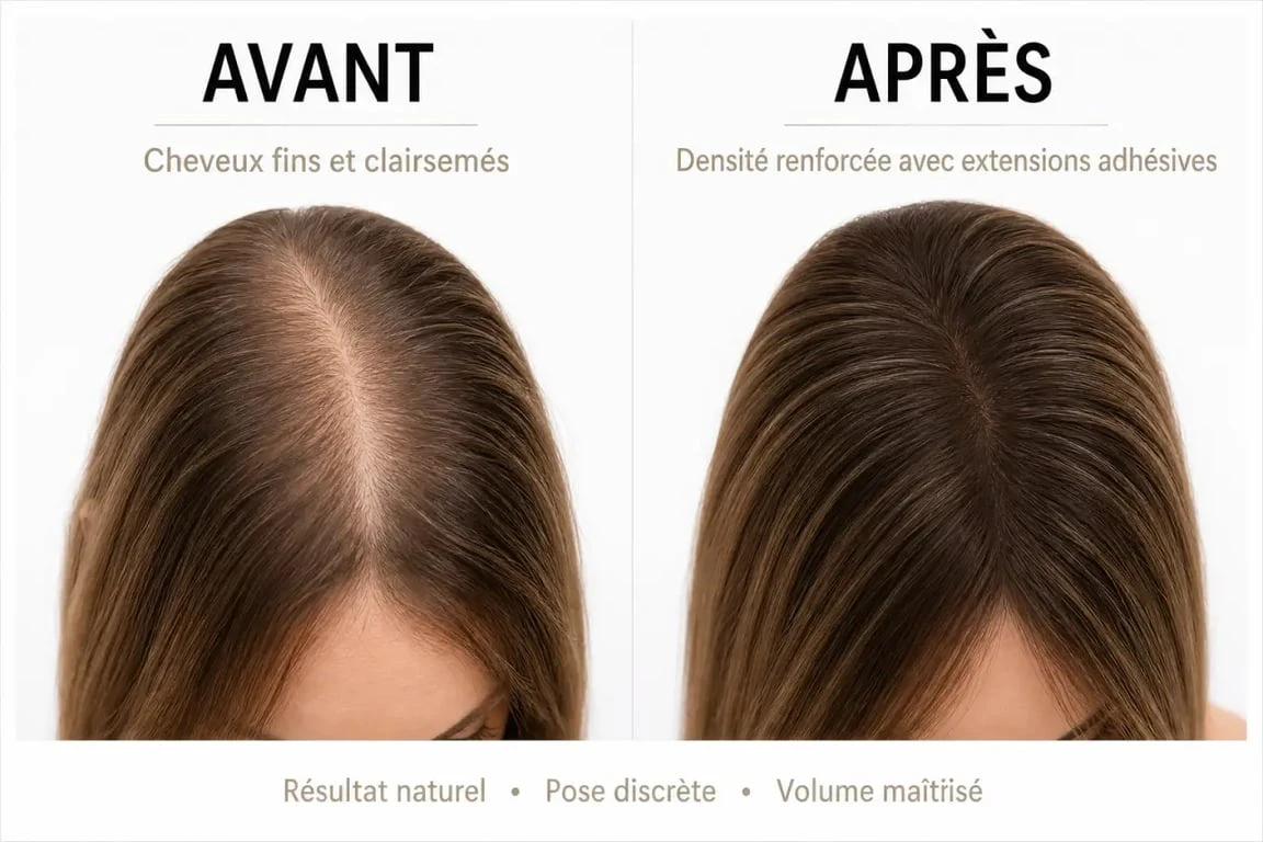 Avant après des adhésives extension cheveux sur cheveux fins et clairsemés