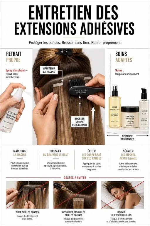 Entretien des adhésives extension cheveux avec brosse, soins et retrait propre