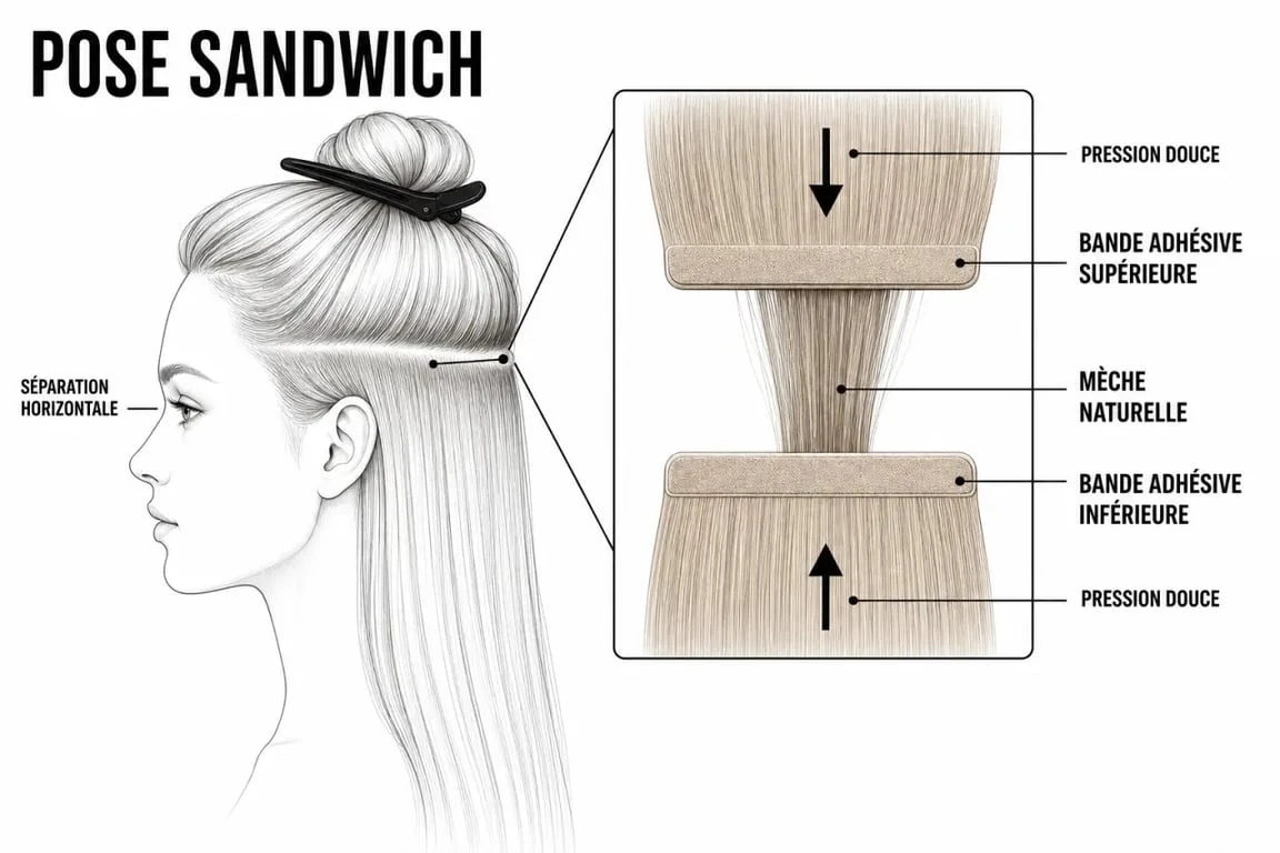 Schéma de pose des adhésives extension cheveux en sandwich sur cheveux naturels