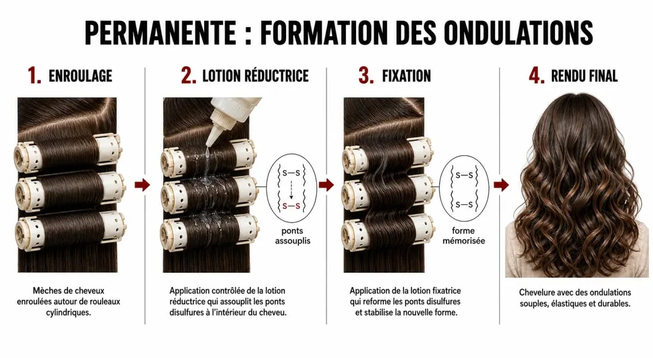Schéma de permanente pour onduler les cheveux montrant l’enroulage, la lotion réductrice et la fixation