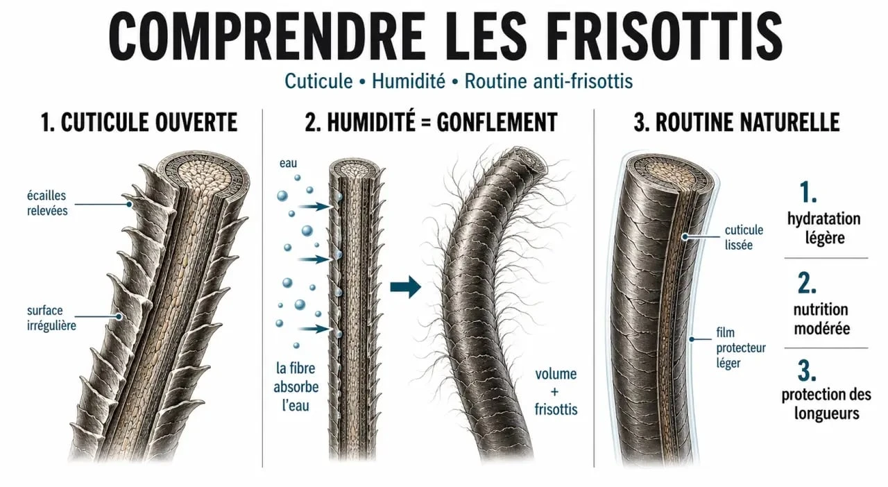 Cheveux mousseux remède naturel : schéma des cuticules ouvertes et de la routine anti-frisottis