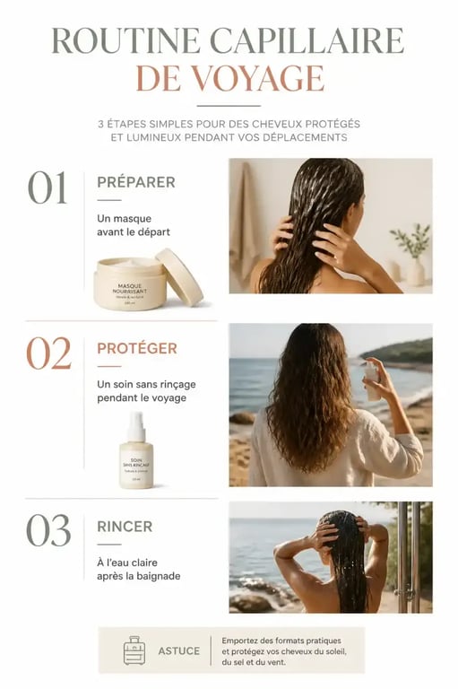 Infographie de la routine beauté pour préparer ses cheveux pour un voyage