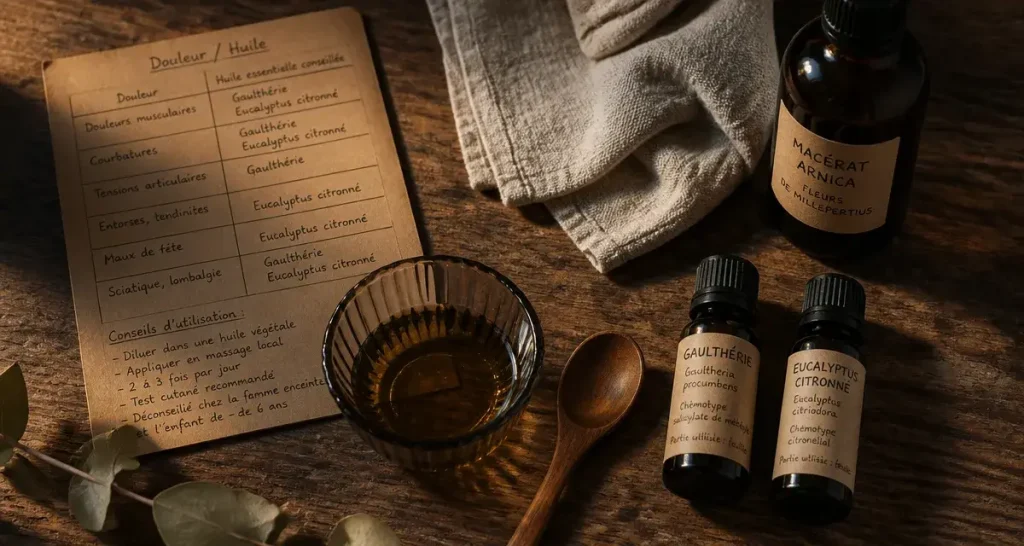 Huiles essentielles anti inflammatoire : gaulthérie et eucalyptus citronné en flacons