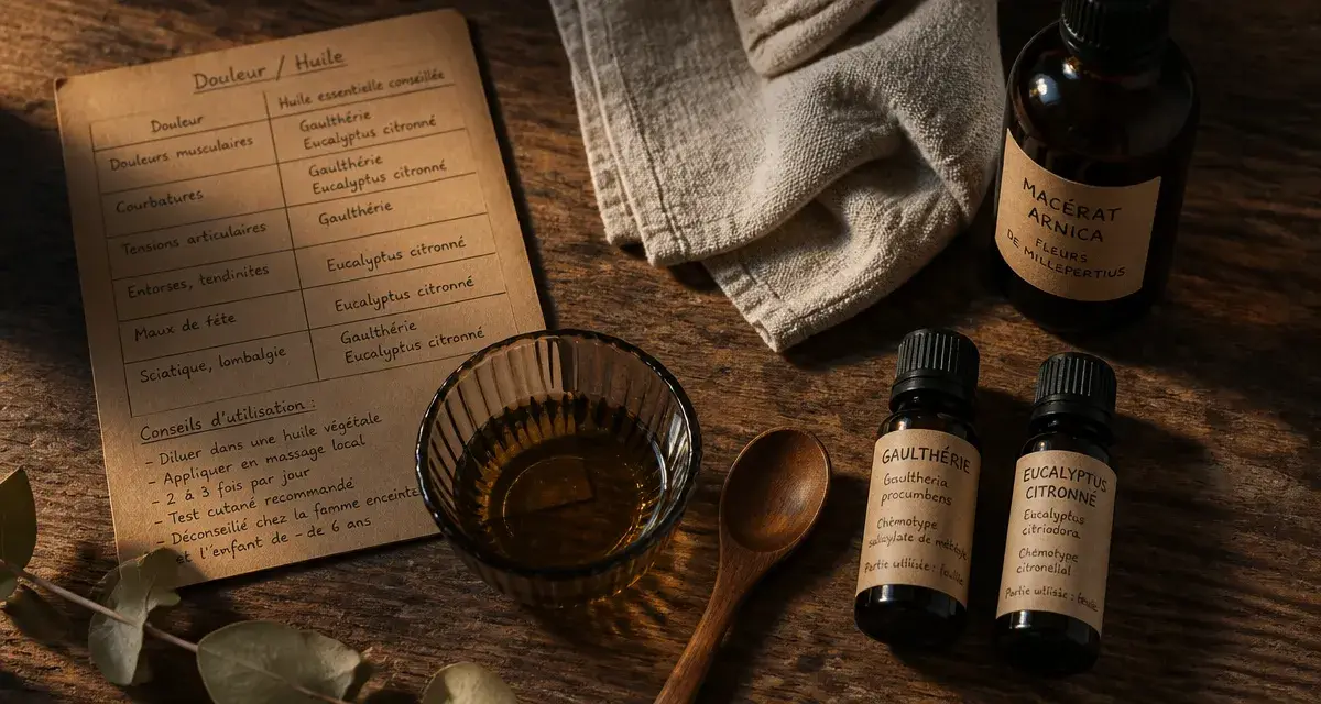 Huiles essentielles anti inflammatoire : gaulthérie et eucalyptus citronné en flacons
