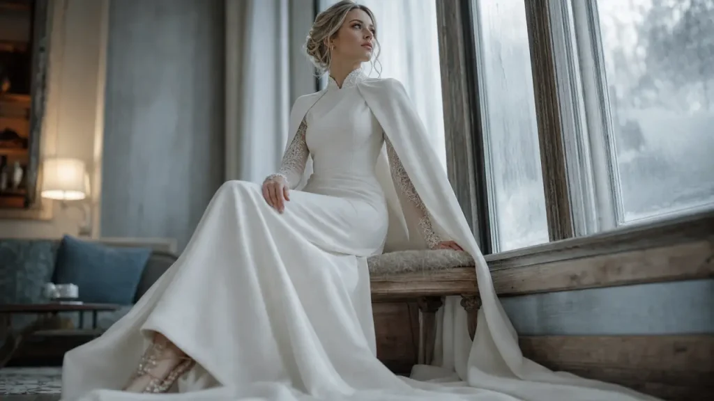Mariage hiver robe, cape et manches longues, mariée sur banc près d’une baie givrée