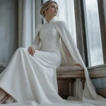 Mariage hiver robe, cape et manches longues, mariée sur banc près d’une baie givrée