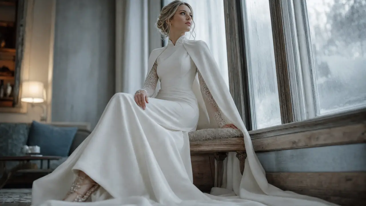 Mariage hiver robe, cape et manches longues, mariée sur banc près d’une baie givrée