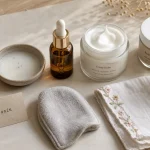Routine coréenne layering 10 étapes : eau florale, essence, sérum, crème, baumes