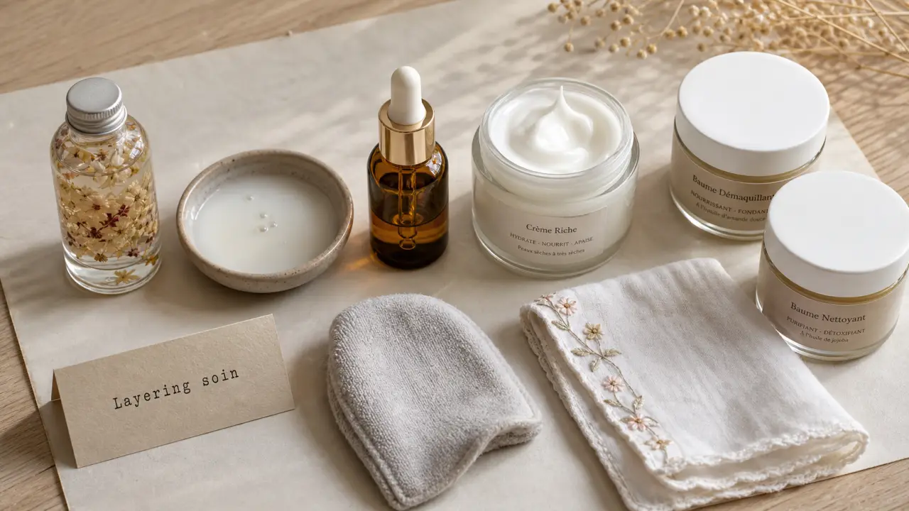 Routine coréenne layering 10 étapes : eau florale, essence, sérum, crème, baumes
