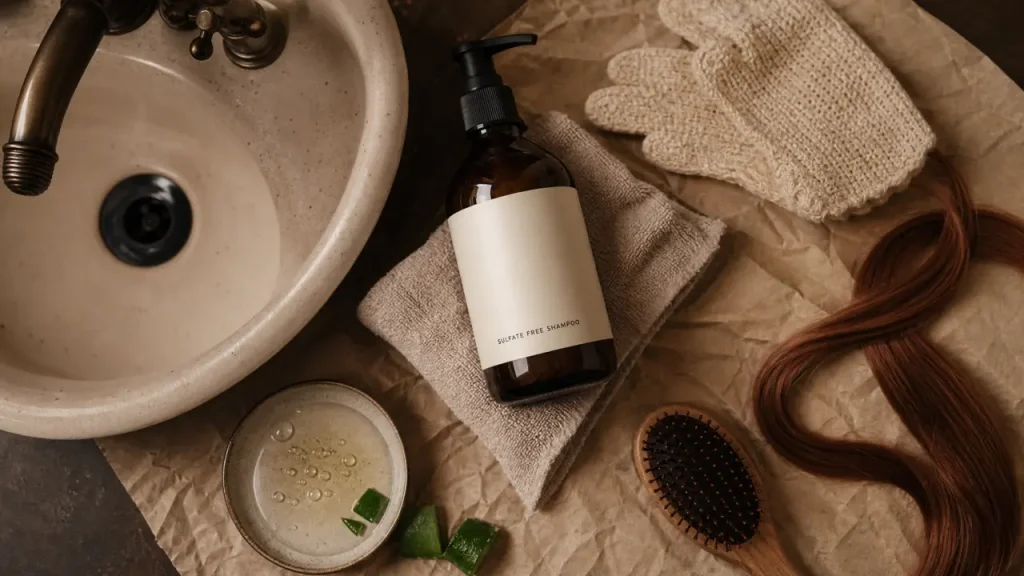 Shampoing cheveux colorés sans sulfate : flacon, cheveux colorés et brosse