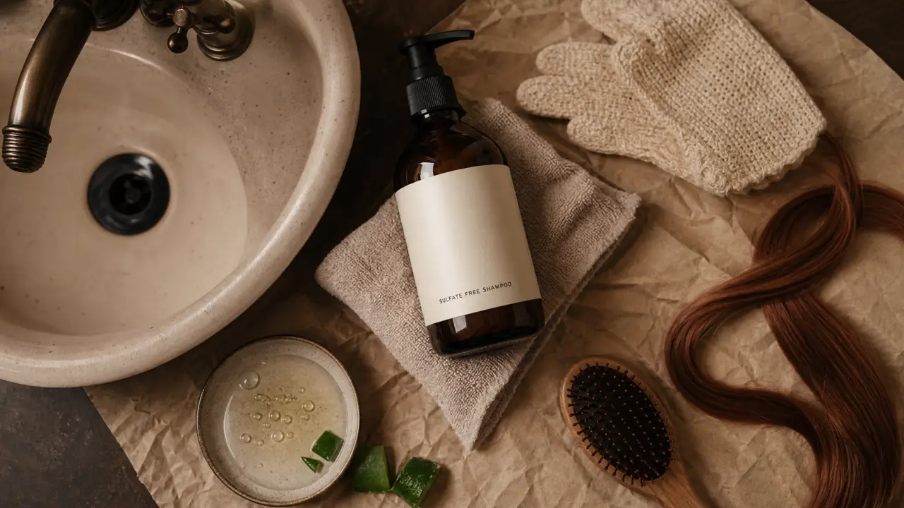 Shampoing cheveux colorés sans sulfate : flacon, cheveux colorés et brosse