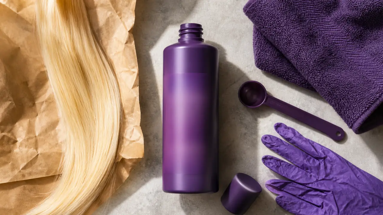 Shampooing violet pour neutraliser les reflets jaunes, flacon violet en salle de bain