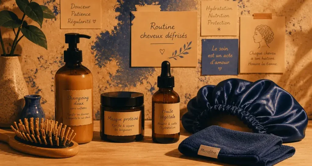 Soin pour cheveux défrisés : brosse, shampoing sans sulfates, masque protéiné, huile végétale