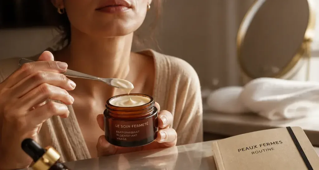 Soin raffermissant visage : peptides, rétinol, acide hyaluronique, flacon ambré et crème