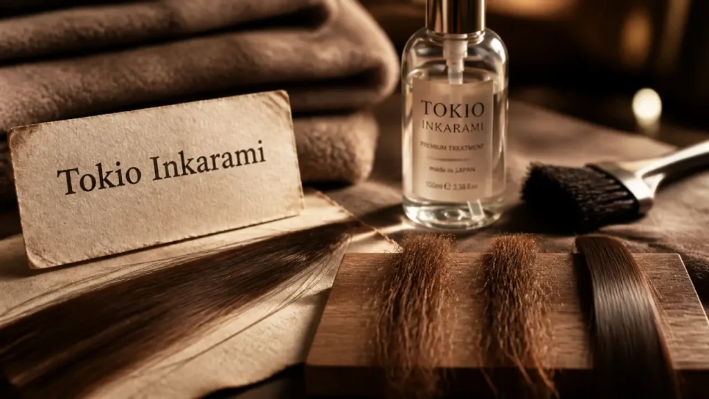Soin tokyo cheveux Tokio Inkarami : fibre capillaire et flacon de soin