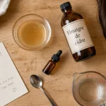 Vinaigre de cidre et cheveux : bol dilué et cheveux châtain, vue de dessus