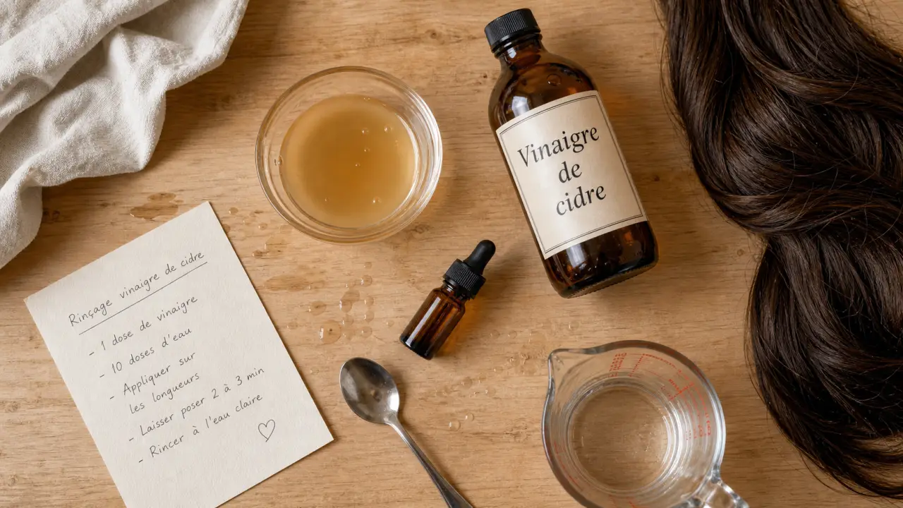 Vinaigre de cidre et cheveux : bol dilué et cheveux châtain, vue de dessus