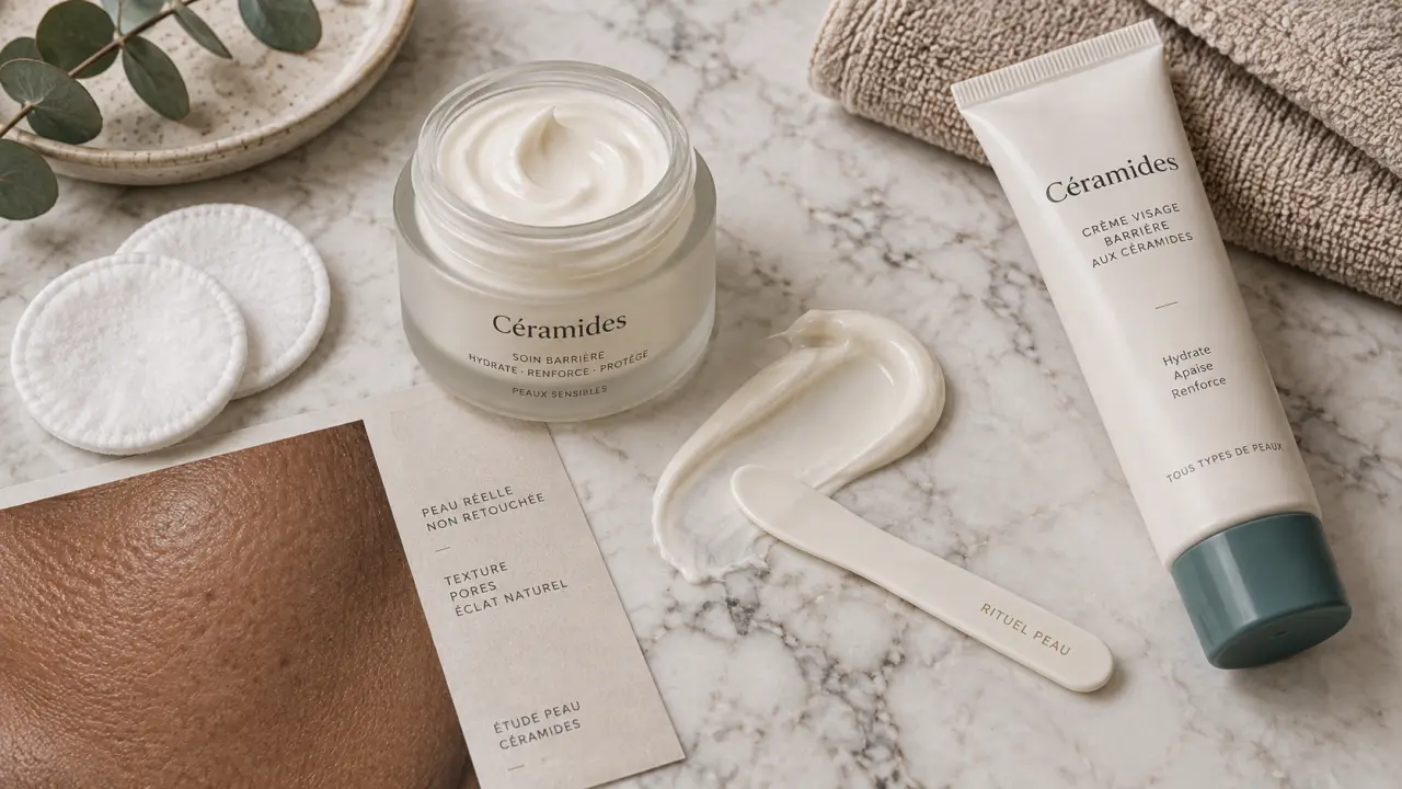 ceramide crème visage : pot et crème sur marbre, barrière cutanée