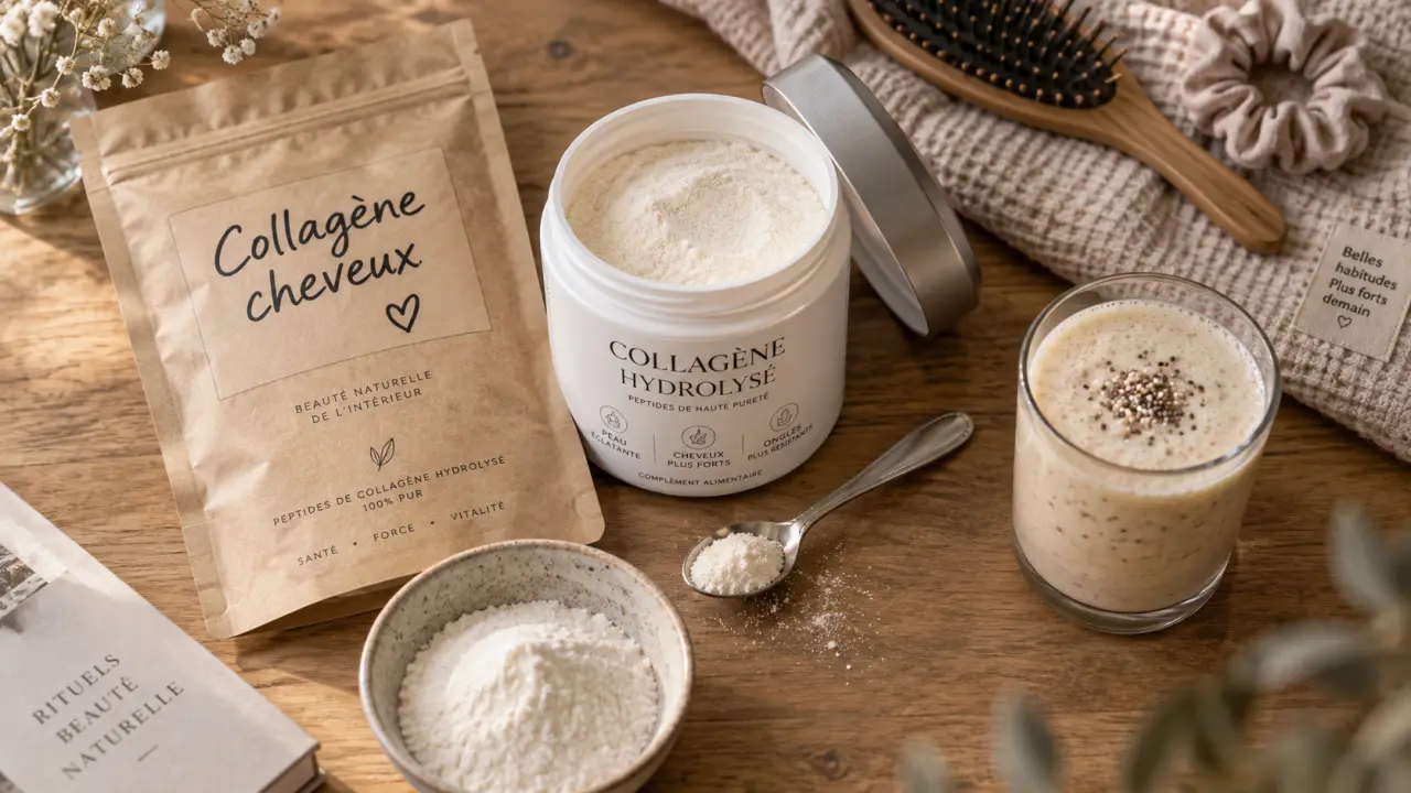 Collagène poudre cheveux : pot et poudre nutritionnelle en flacon