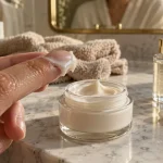 Crème raffermissante pour le visage : application de la crème sur peau lisse