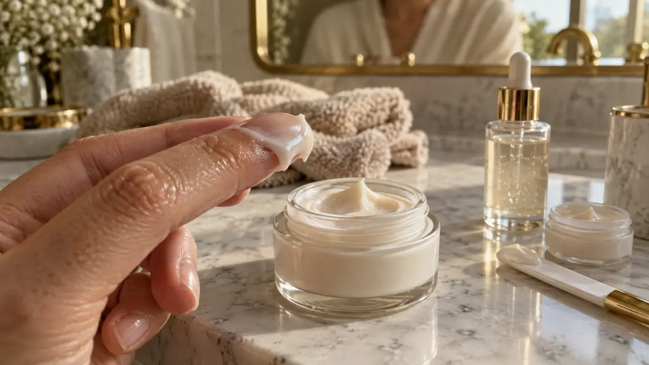 Crème raffermissante pour le visage : application de la crème sur peau lisse