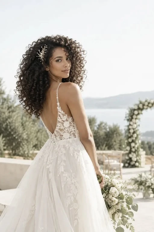 Coiffure mariage cheveux lachés sur cheveux bouclés avec accessoire